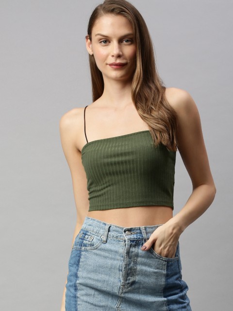 

ONLY Women Olive Green Solid Ribbed Fitted Crop Top