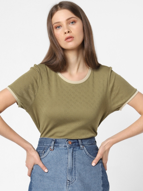 

ONLY Women Olive Brown Self Design Round Neck T-shirt