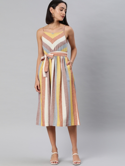 

ONLY Women Brown & Yellow Striped Fit and Flare Dress with Tie-up
