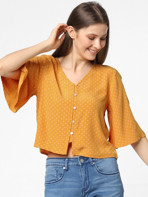 

ONLY Women Yellow & Pink Polka Dots Printed Top With Flared Sleeves