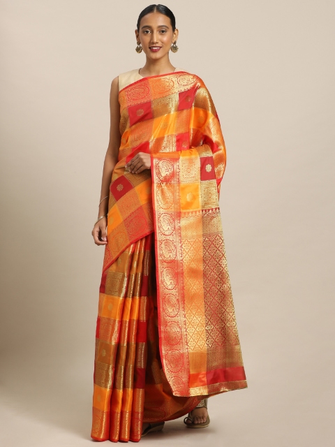 

Kalista Mustard Yellow & Red Poly Silk Checked Banarasi Saree