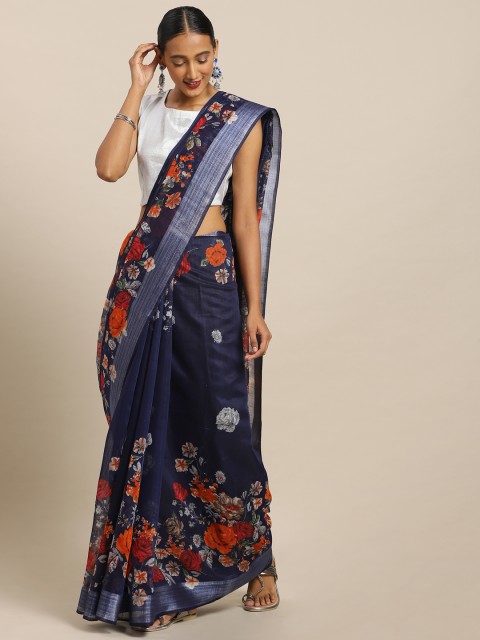 

Kalista Navy Blue & Red Linen Blend Printed Saree
