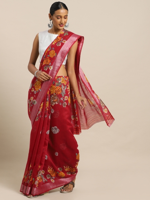 

Kalista Maroon & Mustard Yellow Linen Blend Printed Saree