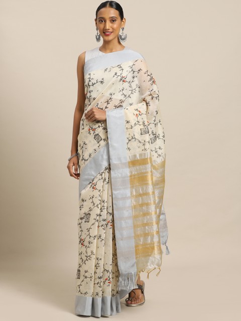 

Kalista Cream-Coloured & Grey Linen Blend Printed Saree