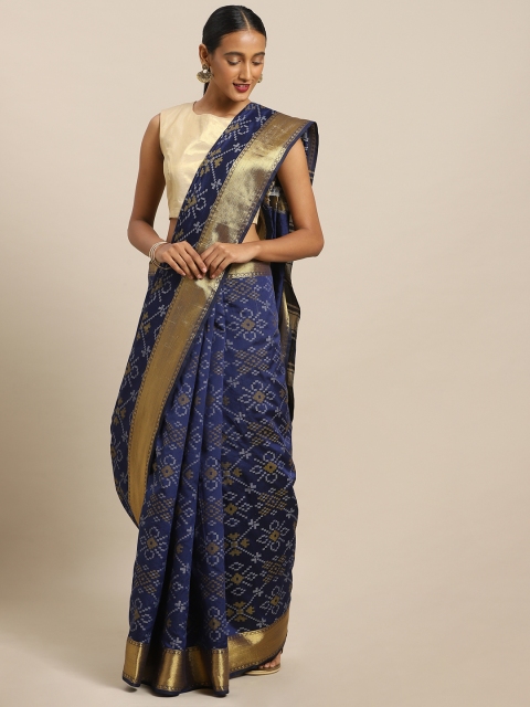 

Kalista Navy Blue & Gold-Toned Polycotton Woven Design Saree