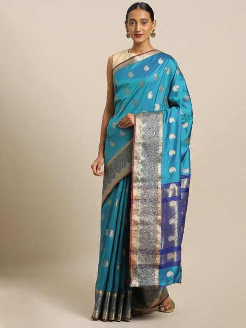 

Kalista Blue & Gold-Toned Poly Silk Woven Design Banarasi Saree