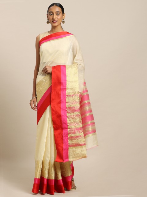 

Kalista White & Pink Polycotton Woven Design Saree