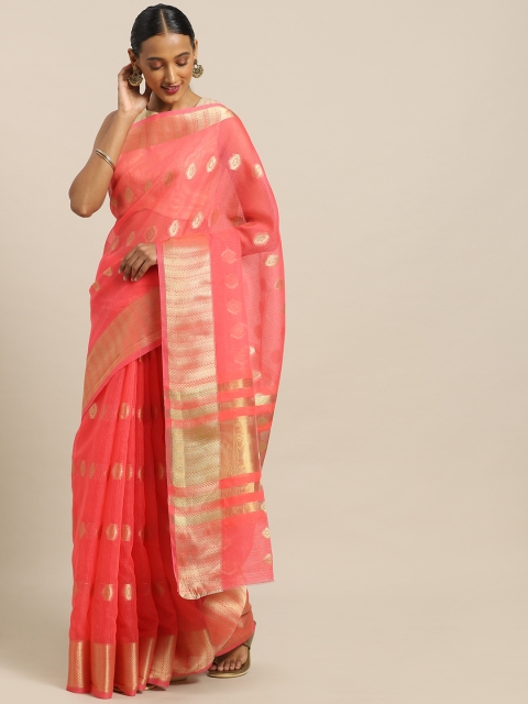 

Kalista Pink & Gold-Toned Supernet Embroidered Saree