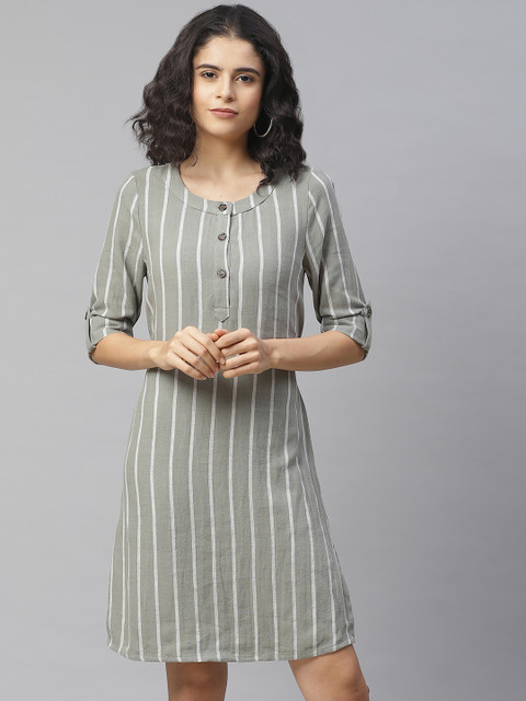 

Marks & Spencer Women Green & Off-White Striped Belted A-Line Dress