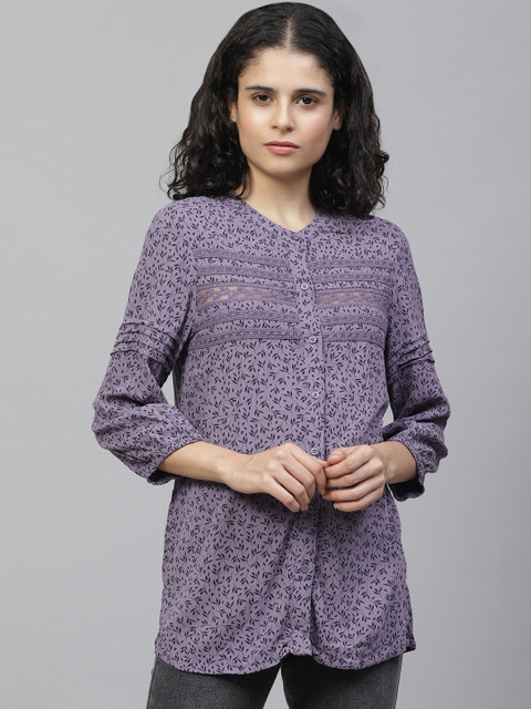 

Marks & Spencer Women Purple & Black Floral Printed Shirt Style Top