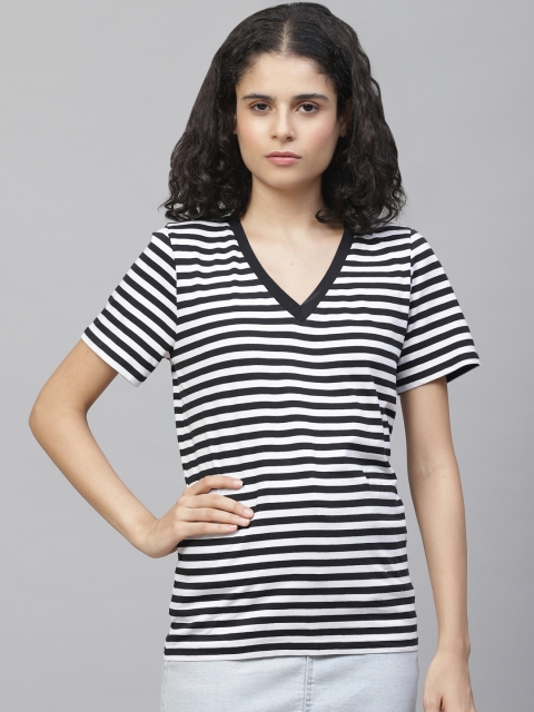 

Marks & Spencer Women Black & White Striped V-Neck T-shirt