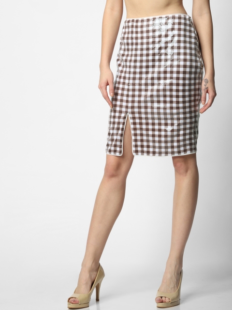 

ONLY Women White & Brown Checked Pencil Skirt