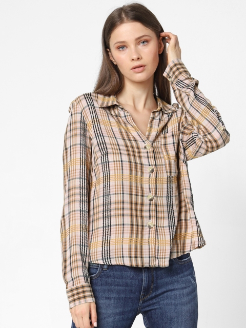 

ONLY Women Pink & Brown Relaxed Fit Checked Embroidered Detail Casual Shirt