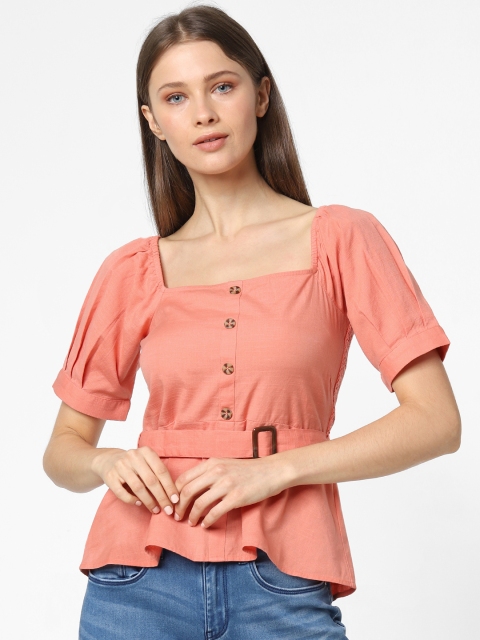 

ONLY Women Peach-Coloured Solid Smocked Regular Top