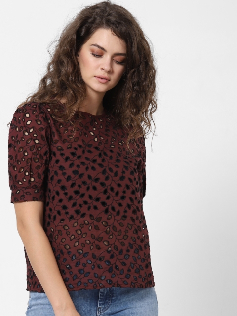 

ONLY Women Burgundy Schiffli Embroidered Top