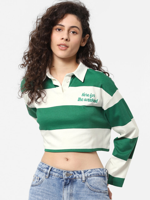

ONLY Women Green & Green Striped Boxy Crop Pure Cotton Top