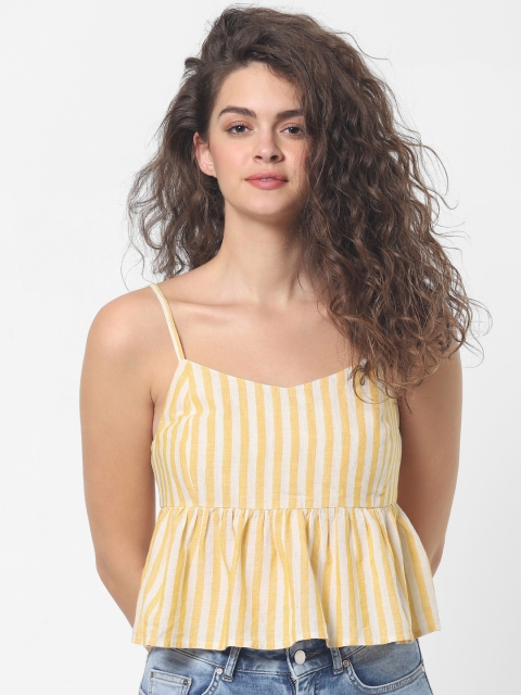 

ONLY Women Beige & Yellow Striped Gathered Peplum Top