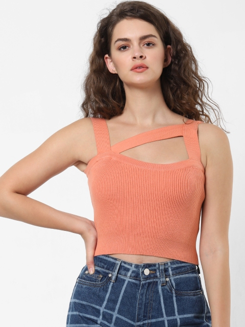 

ONLY Women Coral Orange Ribbed Fitted Crop Pure Cotton Top