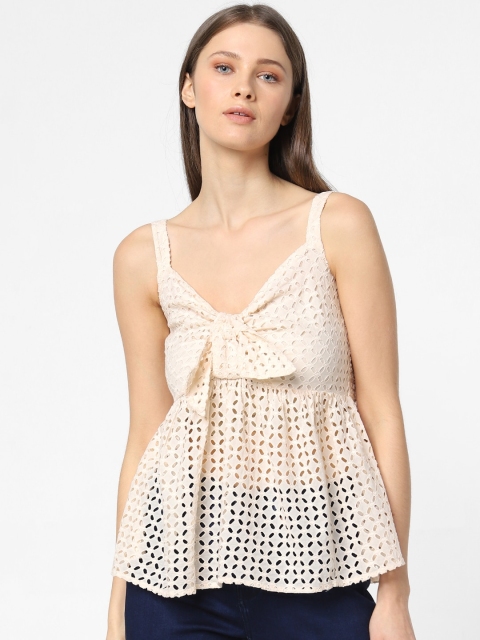 

ONLY Women Beige Self Design Cut-Out & Smocking Detail A-line Pure Cotton Top