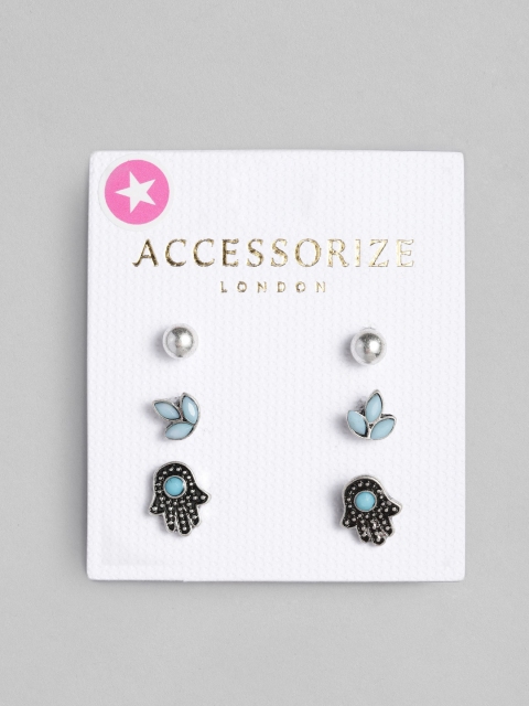 Accessorize Set of 3 Silver-Toned & Turquoise Blue Contemporary Studs