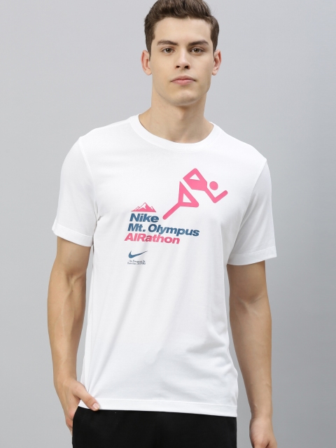 

Nike Men White Printed AIRATHON Dri-Fit Round Neck T-shirt