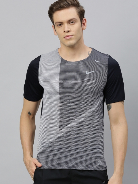 

Nike Men Black & Grey Striped Dri-Fit Round Neck Running T-shirt