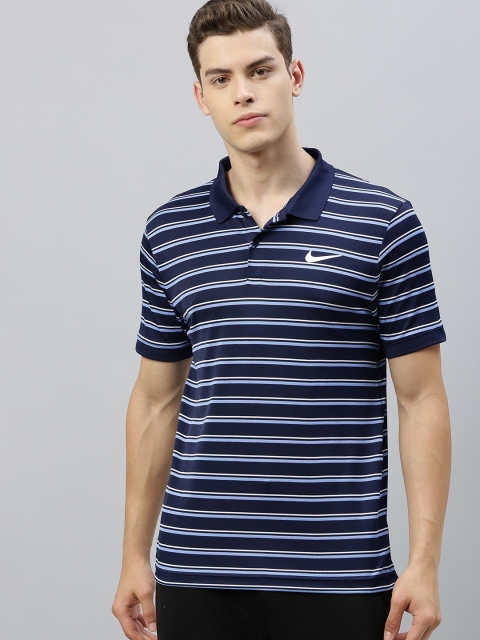 

Nike Men Navy Blue & White Striped AS M NKCT DRi-FiT Polo Collar Tennis T-shirt