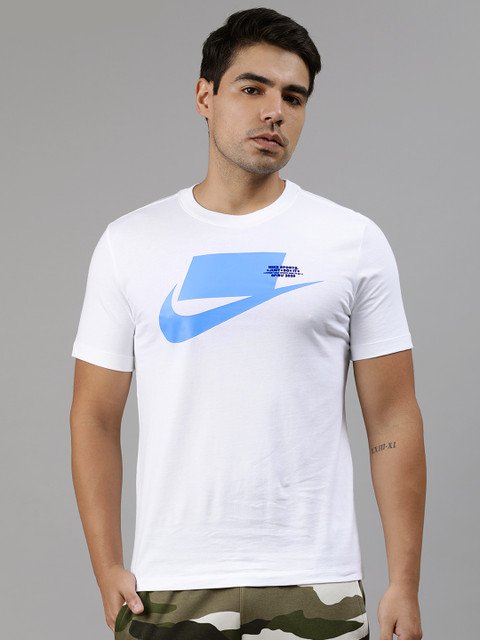 

Nike Men White Blue Standard Fit AS M NSW SPORT PACK SS Printed Round Neck Pure Cotton T-shirt
