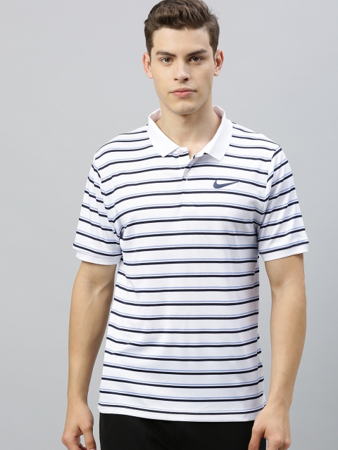 

Nike Men White & Blue Dri-Fit Striped AS M NKCT DRY PQ Polo Collar Tennis T-shirt