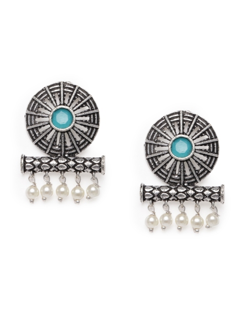 

VIDRUKARIH Silver-Toned & Turquoise Blue Circular Drop Earrings