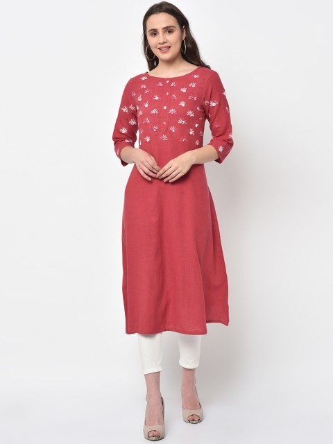 

FLAVIDO Women Pink Embroidered Mirror-Work A-Line Kurta