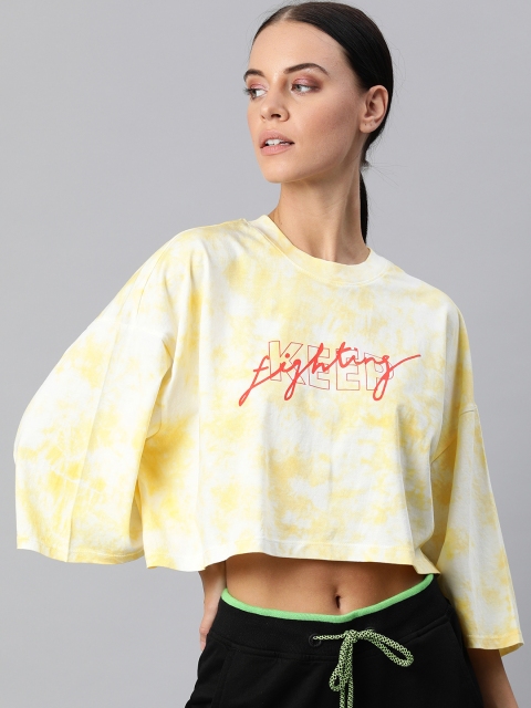 

HRX by Hrithik Roshan Women White Yellow Dyed Round Neck Crop Pure Cotton T-shirt