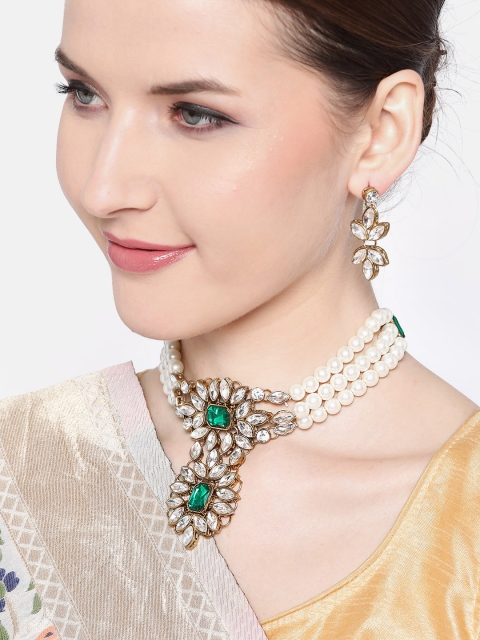

Jewels Galaxy Green & White Gold-Plated Stone-Studded & Beaded Jewellery Set