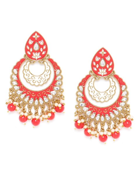 

Jewels Galaxy Red Gold-Plated Stone-Studded & Beaded Crescent Shaped Chandbalis