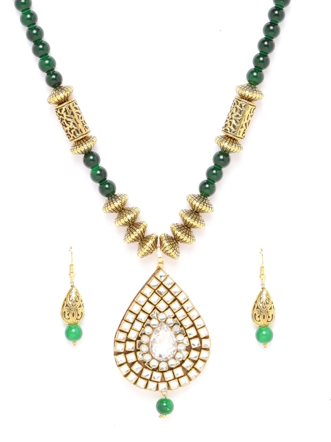 

Jewels Galaxy Green & Gold-Plated Artificial Stones Studded & Beaded Jewellery Set
