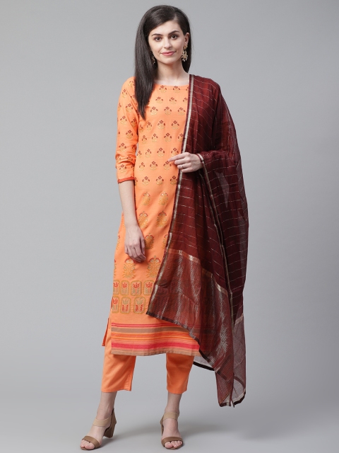 

Indo Era Women Orange & Maroon Printed Kurta with Trousers & Dupatta