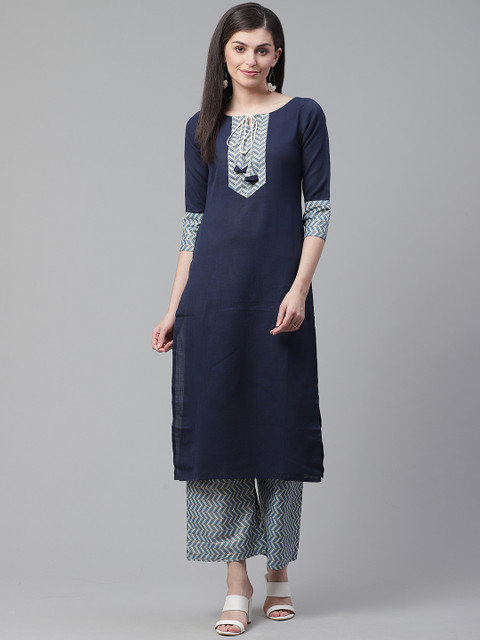 

Indo Era Women Navy Blue & Beige Solid Kurta with Foil Print Palazzos