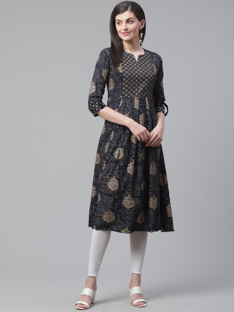

Indo Era Women Navy Blue & Golden Foil Print A-Line Kurta