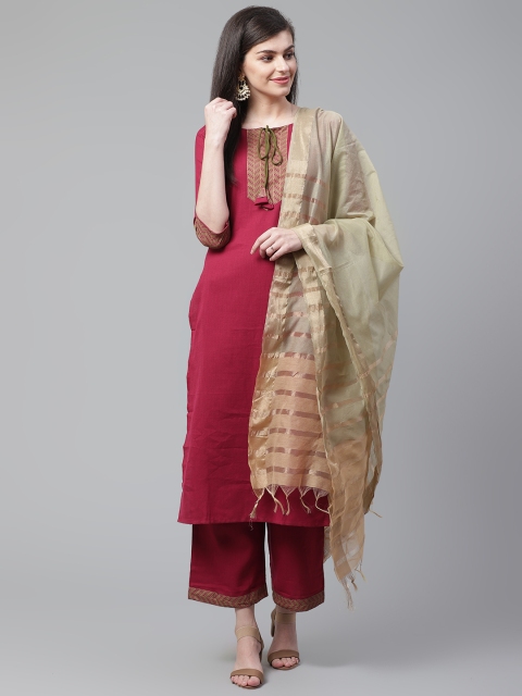 

Indo Era Women Magenta Solid Kurta with Palazzos & Dupatta