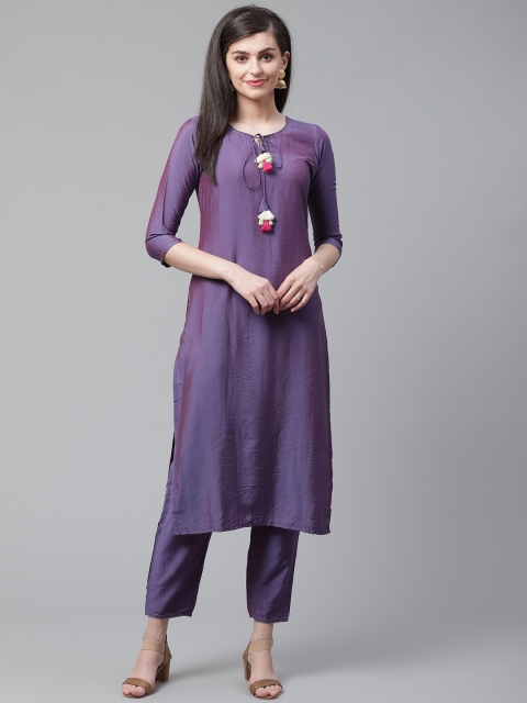 

Indo Era Women Purple Solid Kurta with Trousers