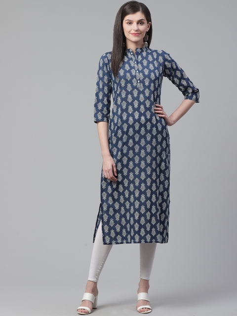 

Indo Era Women Navy Blue & White Printed Straight Kurta