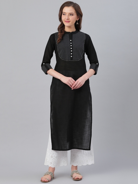 

KSUT Women Black & White Yoke Design Straight Kurta