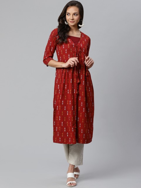 

Sbo Fashion Women Maroon & Off-White Ikat Printed A-Line Kurta