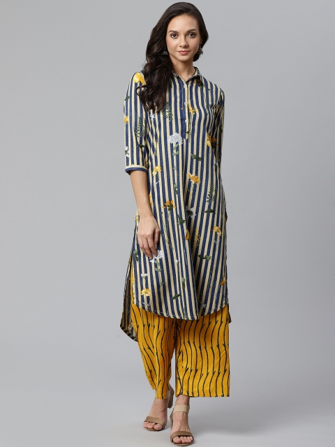 

Sbo Fashion Women Navy Blue & Yellow Striped High-Low Kurta with Palazzos