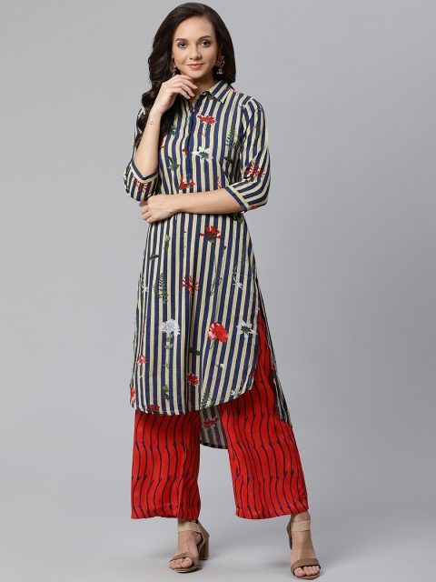 

Sbo Fashion Women Navy Blue & Red Striped High-Low Kurta with Palazzos