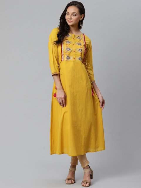 

Varanga Women Mustard Yellow & Pink Foil Printed A-Line Kurta