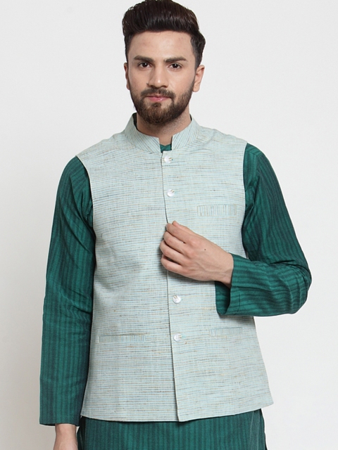 

NEUDIS Men Green Woven Design Pure Cotton Nehru Jacket