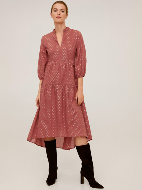 

MANGO Women Dusty Pink & Silver Self Design High-Low Tiered A-Line Dress