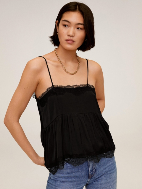 

MANGO Women Black Lace Detail Solid A-Line Top