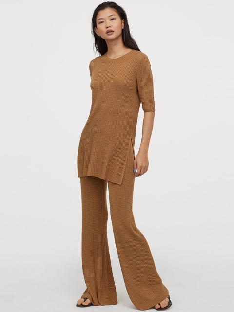 

H&M Women Camel Brown Solid Rib-Knit Trousers